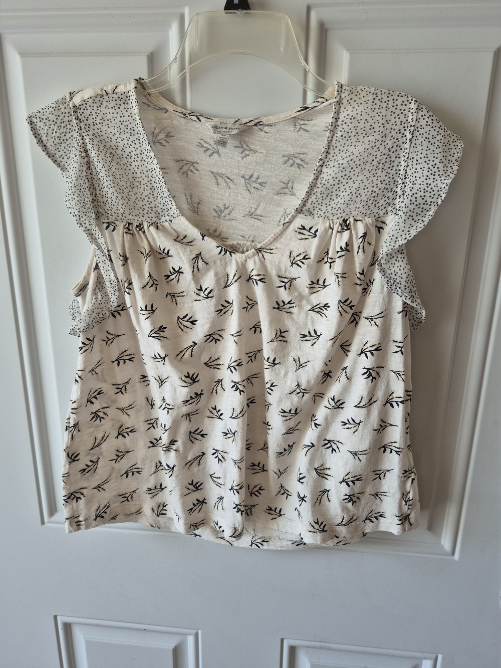 Lucky Brand Cream and Black Floral Print Flutter Sleeve Top Small
